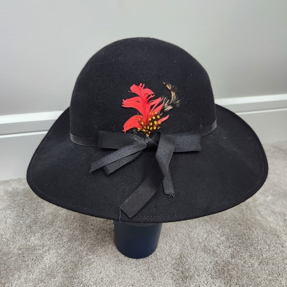 Black %100 Wool Hat Feather Detail Fedora Women's Lancaster  40s Artsy Artist - Picture 4 of 5